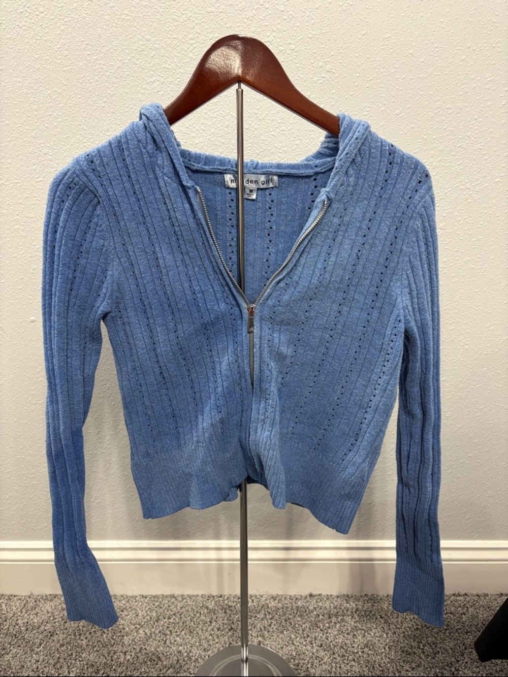 Madden Girl Light Blue Ribbed Hooded Zip Cardigan
